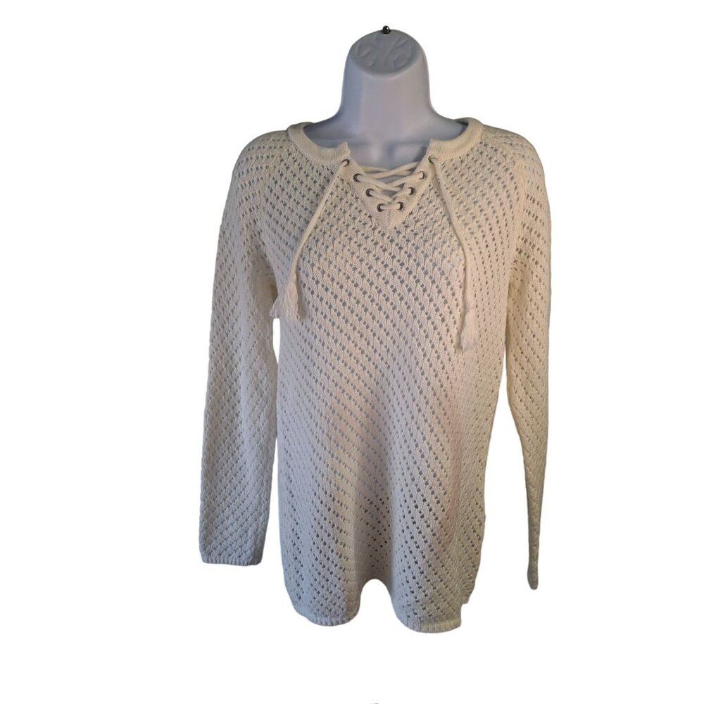 Olive + Oak Lace Up Knit Pullover Sweater XS Cream Boho Beach Cottagecore